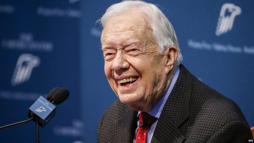 Former US President Jimmy Carter gives the media an update on his recent cancer diagnosis at the Carter Center in Atlanta, Georgia, USA, 20 August 2015