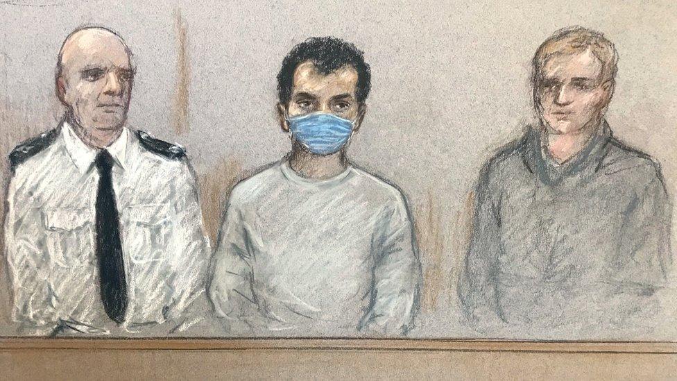 Court sketch of Khairi Saadallah (centre), appearing at Westminster Magistrates' Court on Monday by video link