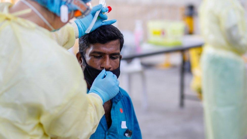 Swab tests are conducted at STLodge migrant workers" dormitory