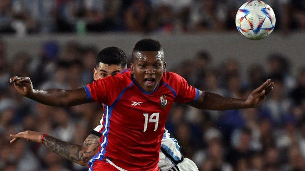 Panama's defender Gilberto Hernandez (front) and Argentina's defender Cristian Romero jump for a header during the friendly football match between Argentina and Panama, at the Monumental stadium in Buenos Aires, on March 23, 2023.