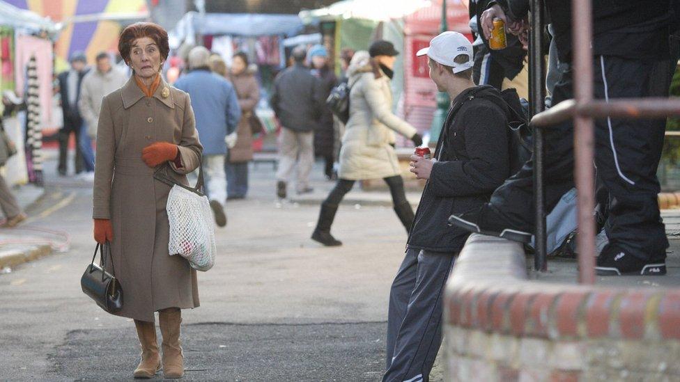 Dot Cotton (JUNE BROWN) and supporting artists Tx: BBC One 17th January 2008 As Dot is on her way to the tube, Tegs and his gang tease and jeer at her. Dot feels vulnerable and terrorised. Shirley warns the youths off while Dot hurries away visibly shaken