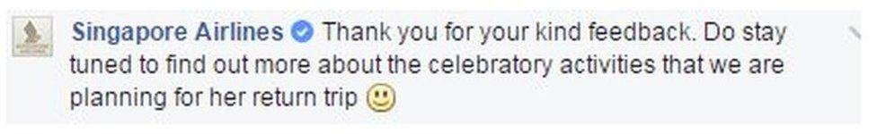 Thank you for your kind feedback. Do stay tuned to find out more about the celebratory activities that we are planning for her return trip :-)