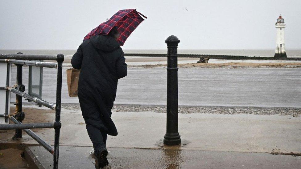 Person walking in windy conditions