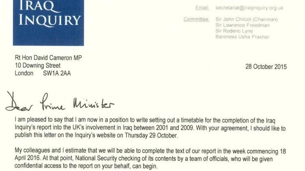 Letter from Chilcot to David Cameron