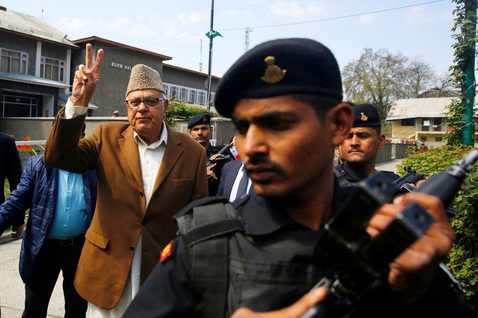 National Conference (NC) President and three-time chief minister of Indian Kashmir, Farooq Abdullah, who is one of the contesting candidates, arrives at a polling station to cast his vote during parliamentary by-elections in Srinagar, the summer capital of Indian Kashmir, 9 April 2017.