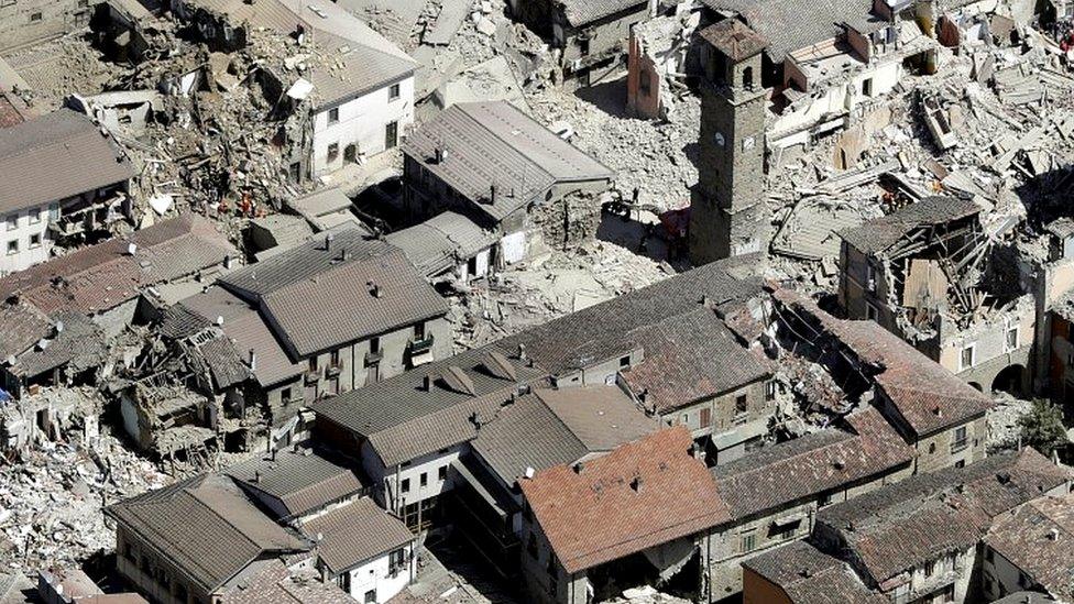 Damaged buildings in the historical part of Amatrice, 24 Aug 16