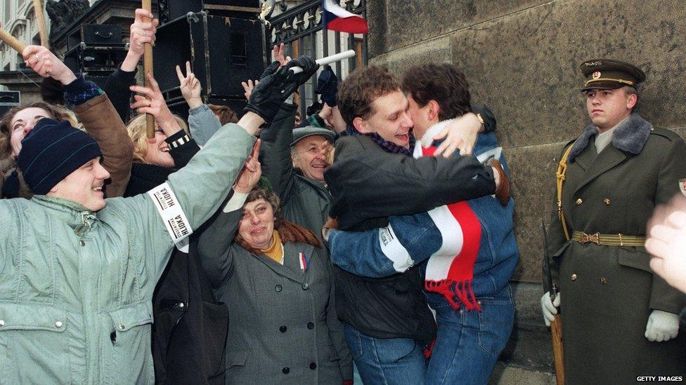 Young Czechoslovak people celebrate in support of Vaclav Havel following his election 29 December 1989