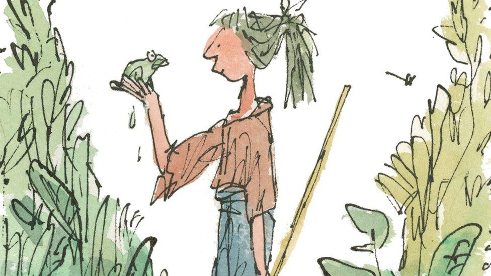 An illustration of a woman holding a frog by Quentin Blake