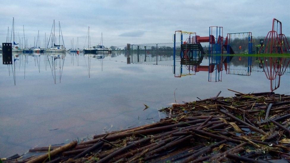 Flood waters at Kinnego Marina on the shore of Lough Neagh