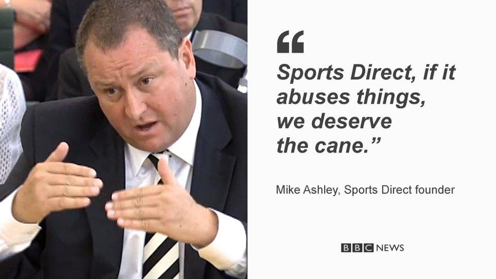 Mike Ashley quote card: "Sports Direct, if it abuses things, we deserve the cane."