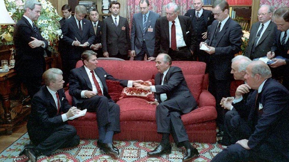 US President Ronald Reagan and Soviet leader Mikhail Gorbachev meet in Geneva