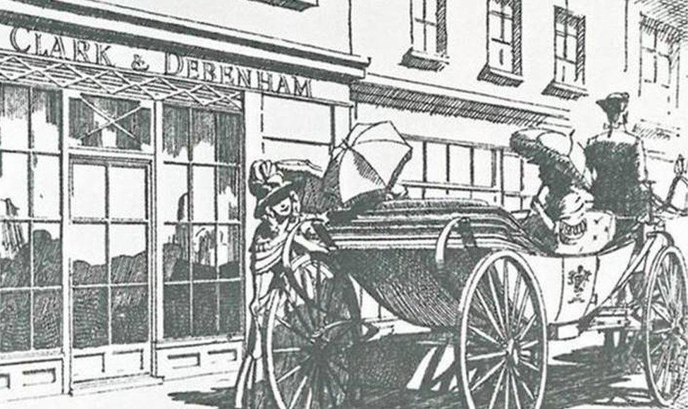 An illustration of customers outside of a Clark and Debenham store in the 19th Century