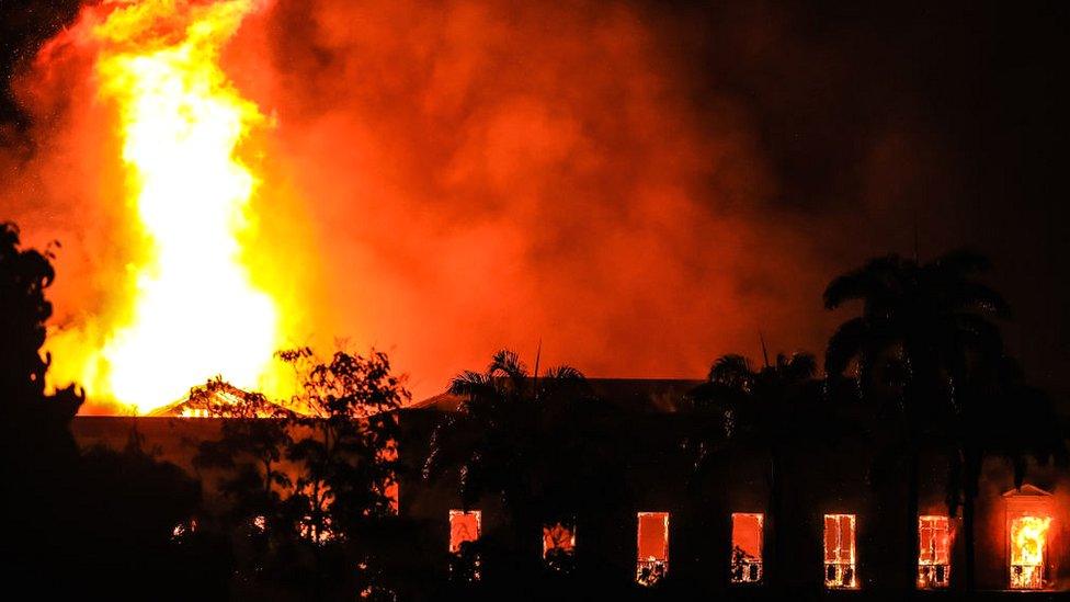 A fire burns at the National Museum of Brazil on 2 September 2018 in Rio de Janeiro