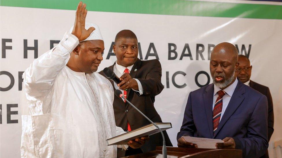 Adama Barrow being sworn in as president of Gambia at the Gambian embassy in Dakar, Senegal, 19 January 2017