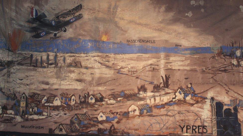 The depiction of the battle of Ypres on the canvas