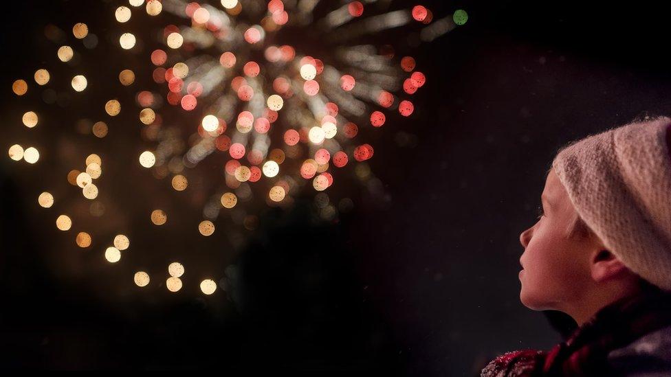 side profile of child watching firework display