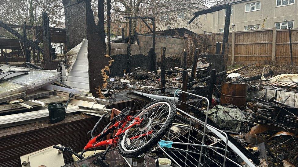 Burnt out shed and destroyed belongings after Bonfire Night