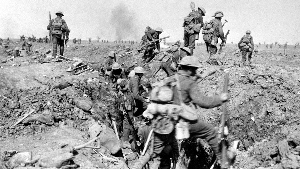 British and allied troops negotiating a trench prior to the battle of Morval,1916, during the Battle of the Somme, 25 September 1916