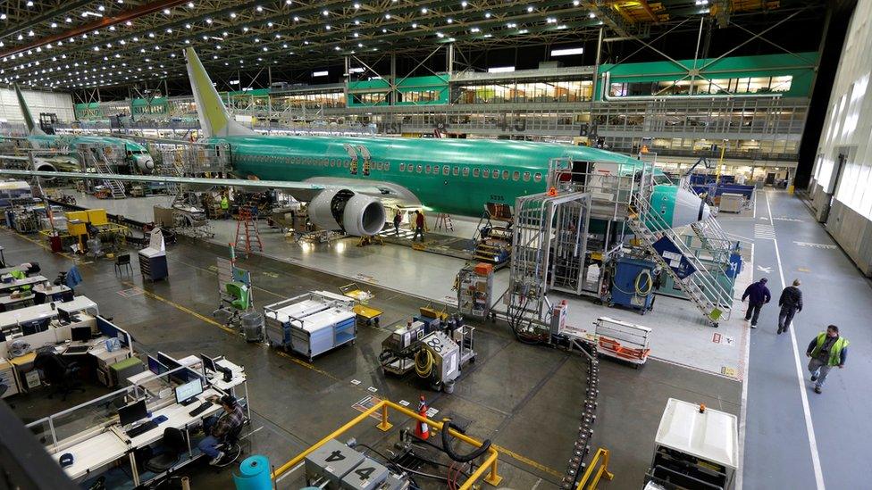 Boeing 737-800 airplanes are on the assembly line at Boeing's 737 assembly facility in Renton, Washington