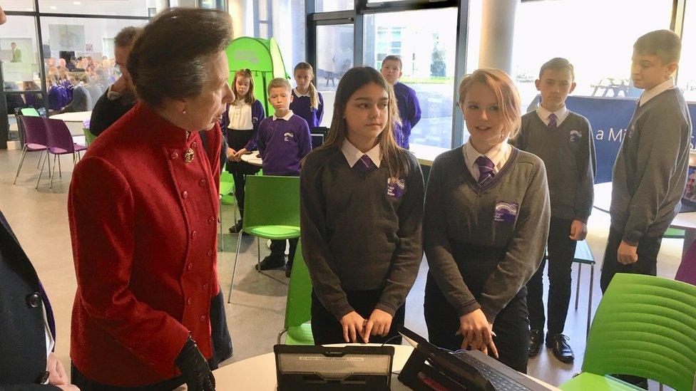 The Princess Royal with pupils from Ysgol Bae Baglan in Port Talbot