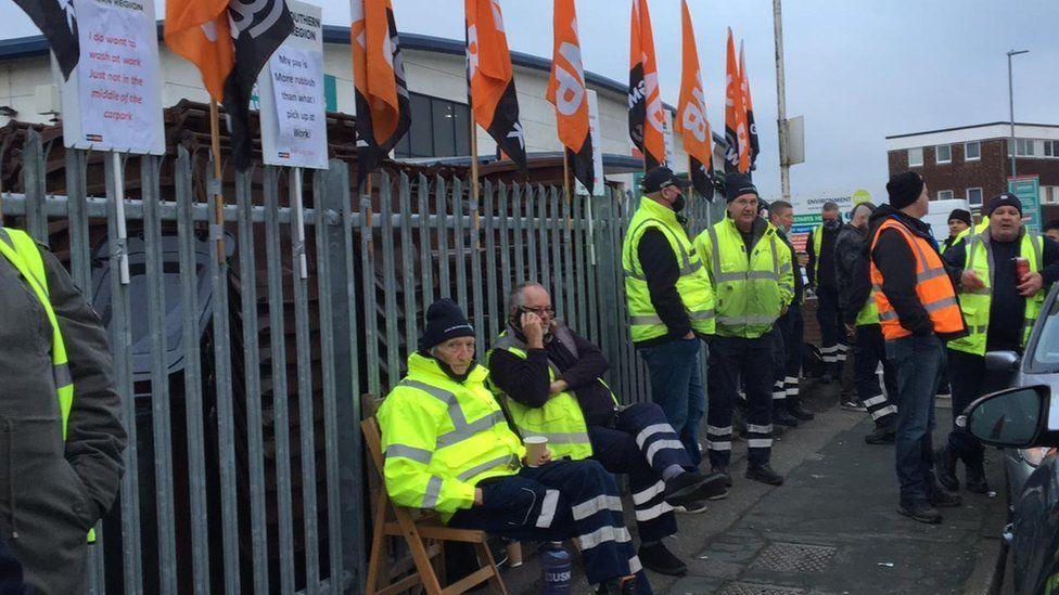 Strike action outside a refuse depot in Eastbourne