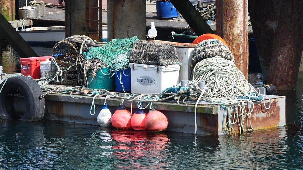 Fishing gear on Fishermen's pontoons in Guernsey's St Peter Port Harbour