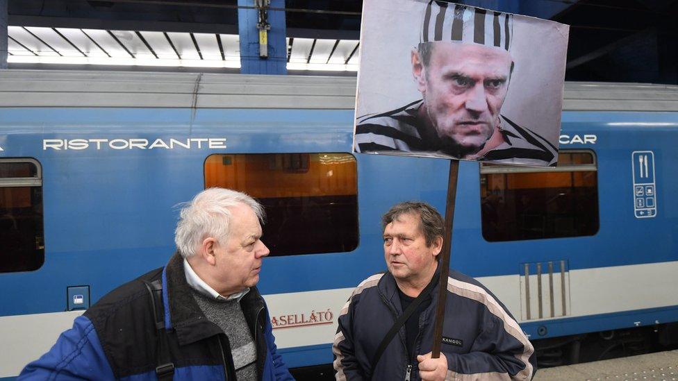 An opponent of the former Polish Prime Minister and European Council President Donald Tusk at the Central Railway Station in Warsaw, Poland, 19 April 2017