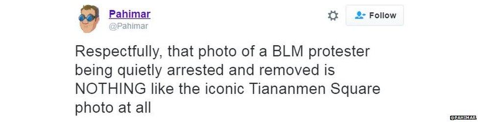 Tweet saying: Respectfully that picture is NOTHING like Tiananmen Square picture at all.