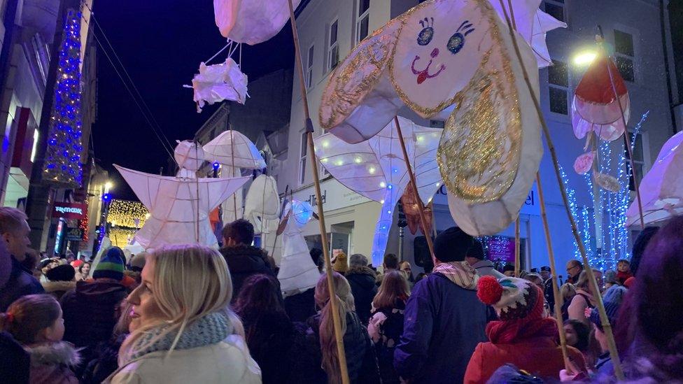 Crowds and lantern parade