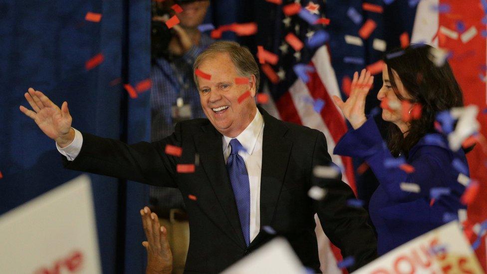 Democratic Alabama U.S. Senate candidate Doug Jones and wife Louise acknowledge supporters at the election night party in Birmingham, Alabama, U.S., December 12, 2017.