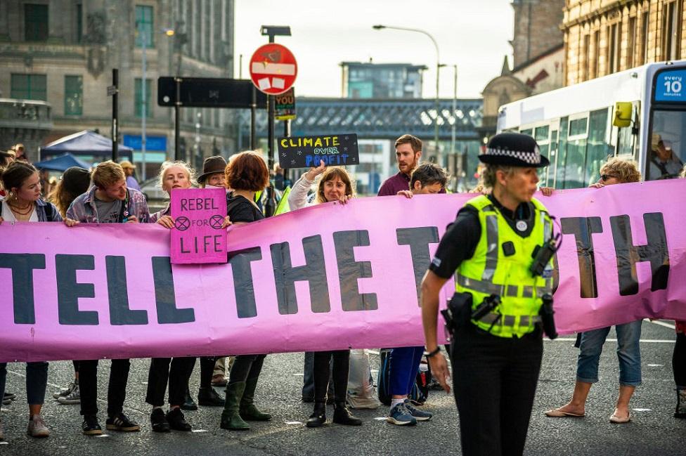 Police at climate change protest in Glasgow