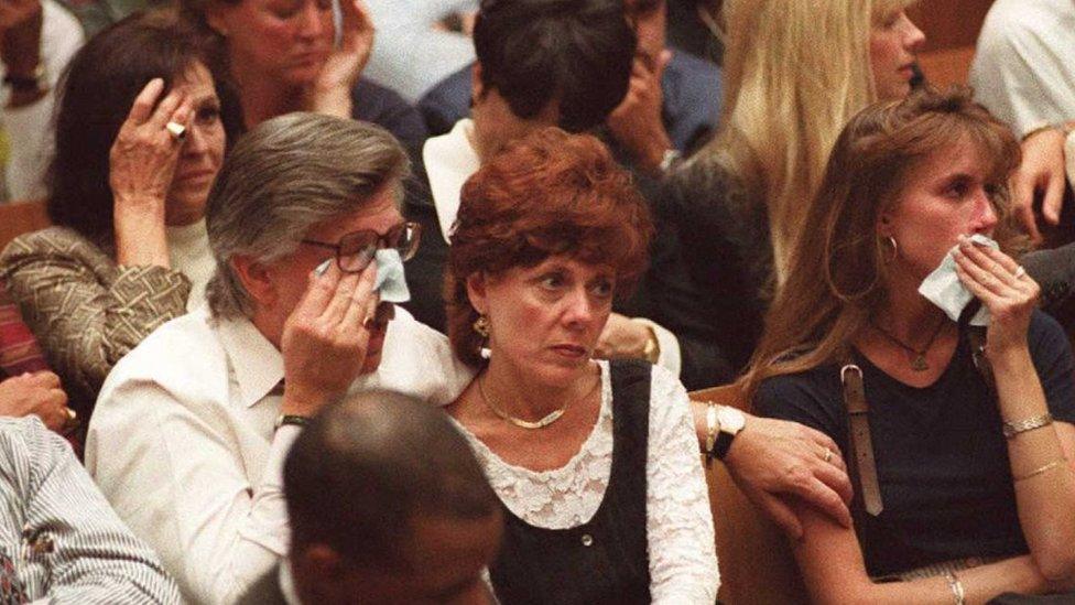 Juditha Brown, the mother of Nicole Brown Simpson (far left), Ron Goldman's father Fred, step-mother Patti, and sister Kim Goldman (right)