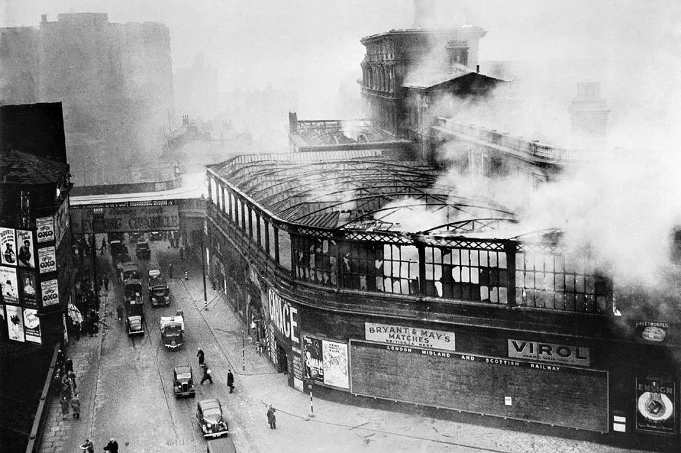 Daytime photograph of Manchester after a German air raid