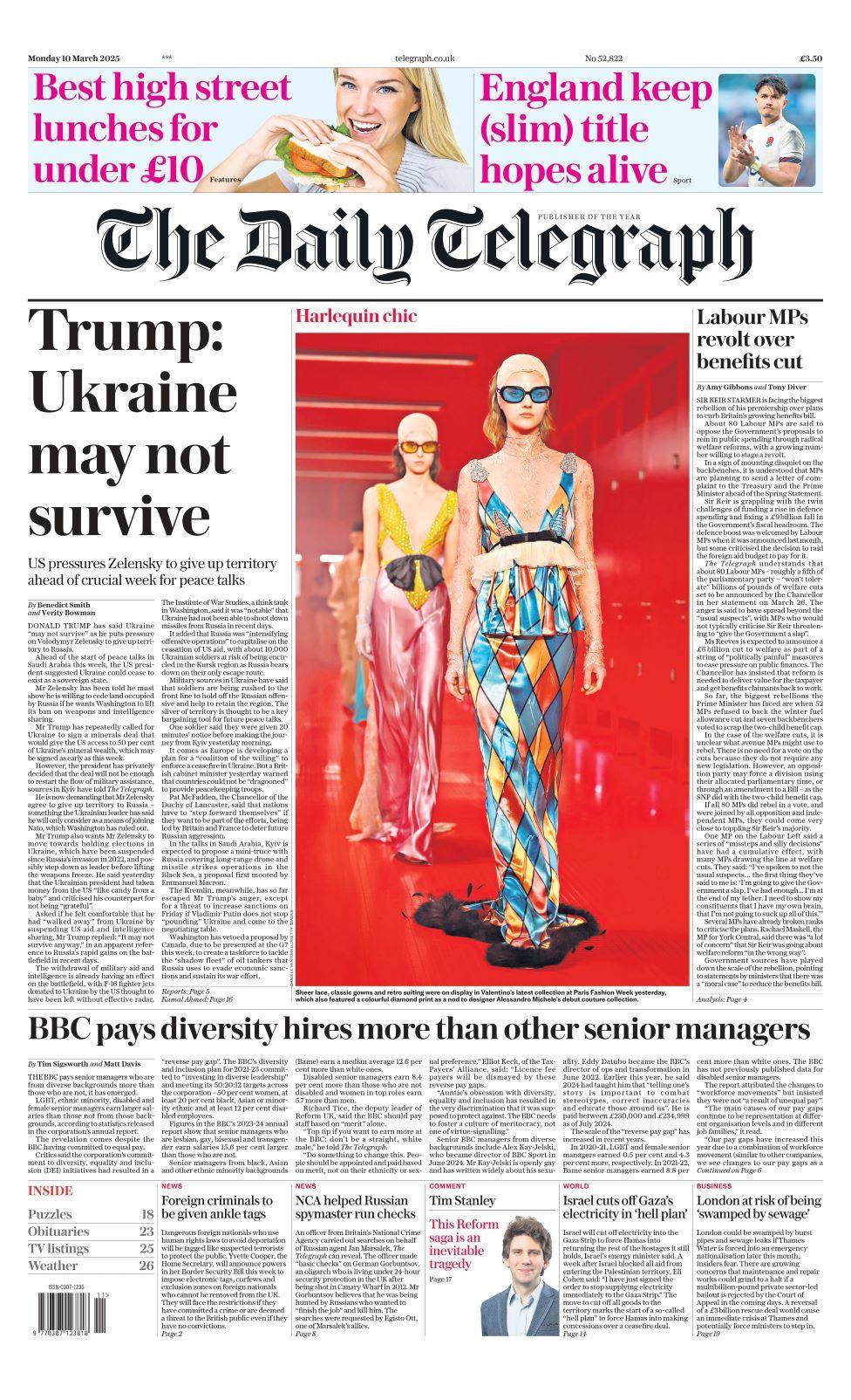 The front page of the Telegraph for Monday 10 March 2025.