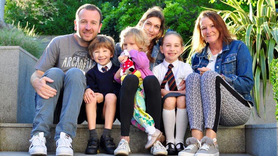 Craig, Zach, Scarlett, Lisa, and Ruby Foster with nanny Jane Key