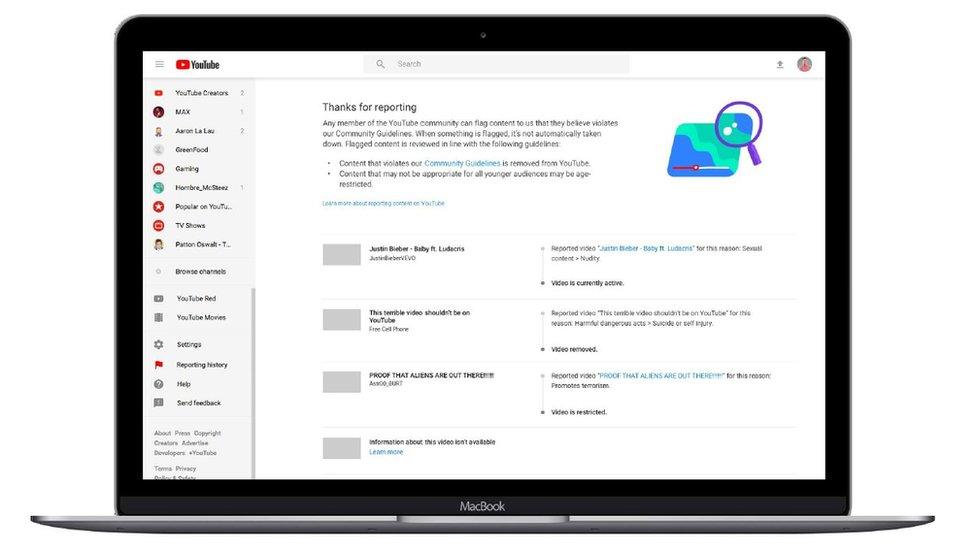 YouTube reporting centre