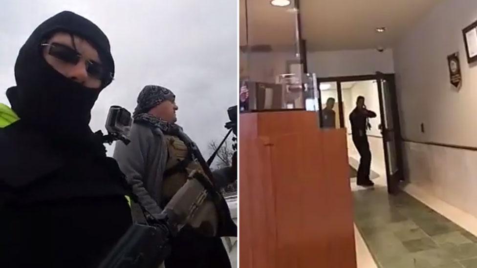 A composite image taken from a Facebook live video: left, showing a balaclava-clad man holding a rifle, in tactical vest, with another man wearing body armour and holding a camera nearby. Right, a police station interior, showing one officer in a doorway with a weapon drawn