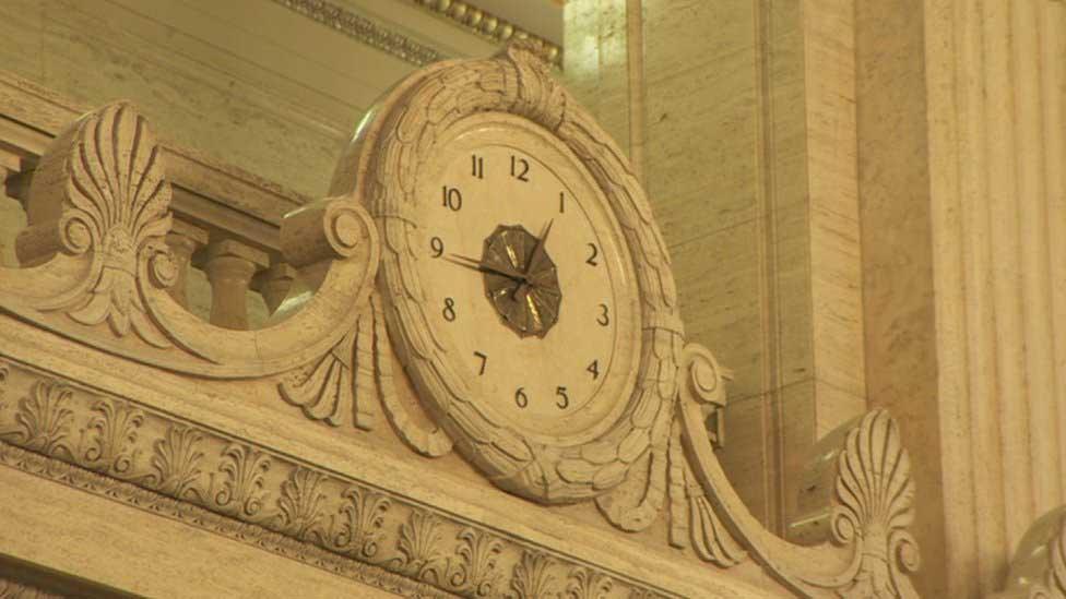 A clock in the Great Hall at Stormont's Parliament Buildings