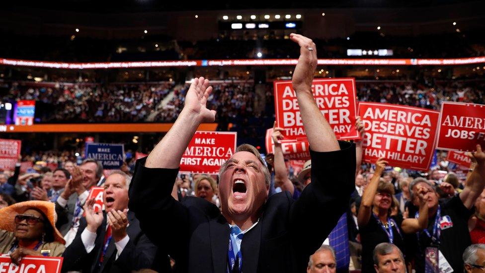 New York delegate David DiPietro reacts during the third day session of the Republican National Convention in Cleveland, Wednesday, July 20, 2016.