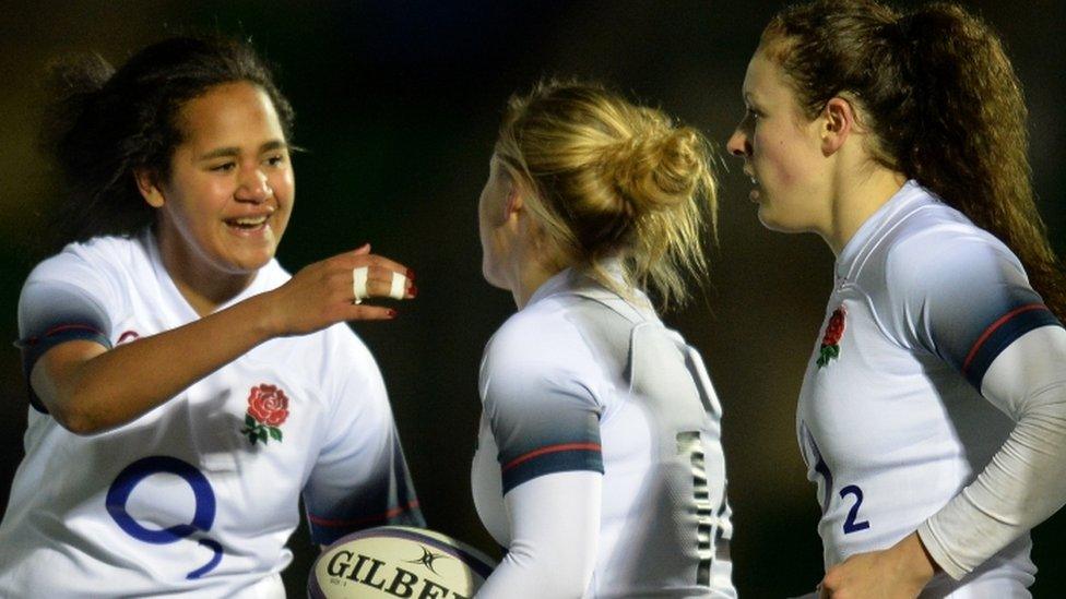 England celebrate Danielle Waterman's early try