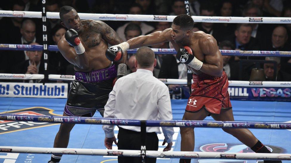 Dillian Whyte fighting Anthony Joshua at London's O2 arena in 2015