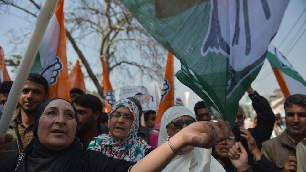 India"s main Opposition Congress party workers and activists led by their senior leaders hold a protest rally at its headquarters to highlight issues confronting the restive Jammu and Kashmir as "Darbar" reopened in the region"s summer capital Srinagar on May 9, 2016.