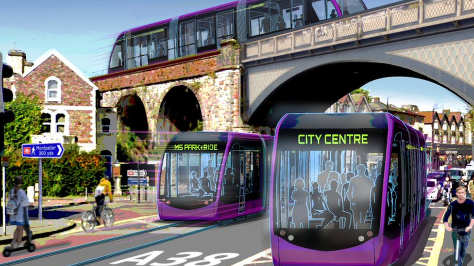 Trams on the A38 near Montpelier