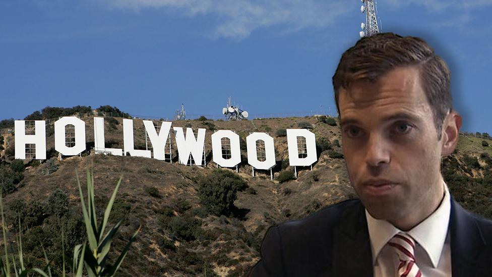 Ken Skates in front of the Hollywood sign