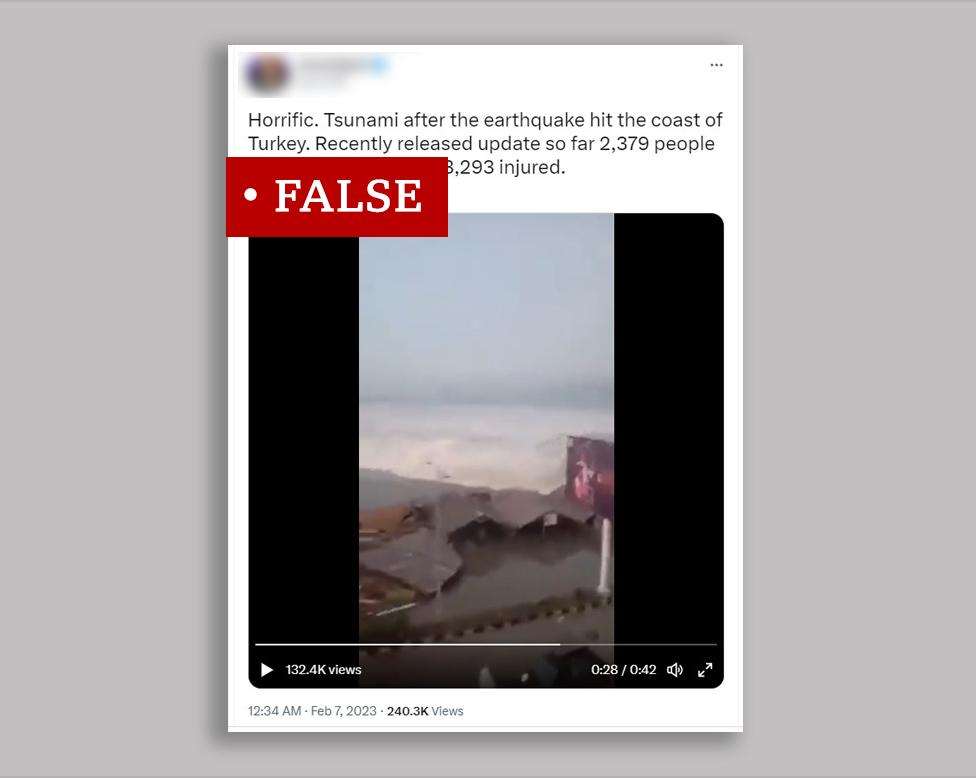 Screengrab of tweet claiming to show tsunami off Turkey, with 'false' label