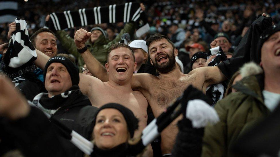 Newcastle United fans celebrate following the Carabao Cup Semi Final 2nd Leg match between Newcastle United and Southampton at St James' Park on January 31, 2023