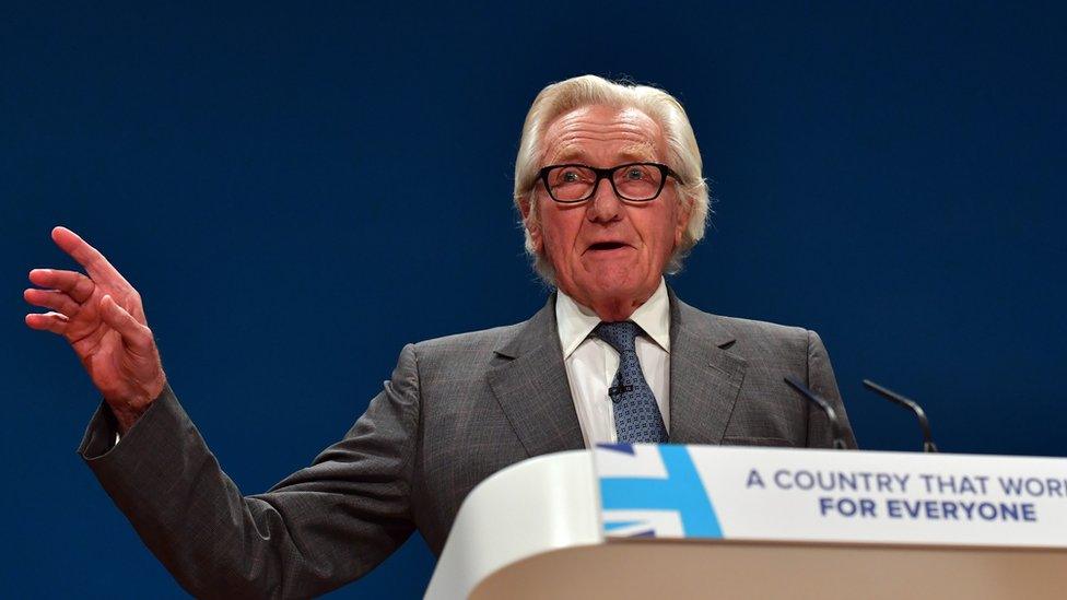 Michael Heseltine giving a speech at the Conservative Party conference.