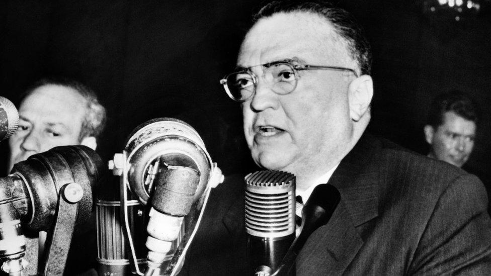 J Edgar Hoover speaks to the senate internal security committee