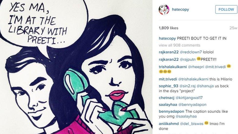 Instagram post showing fan comments to a piece depicting a young woman with red lips, black hair and a green phone stating in a speech bubble ' Yes ma, I'm at the library with Preeti'. However in the back of the picture is a young man