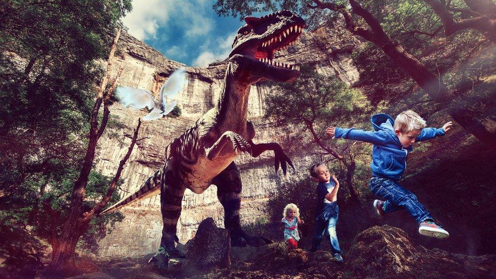 Dinosaur and children